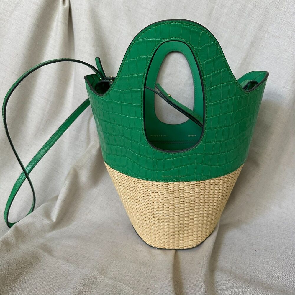 DANSE LENTE Bucket Basket Bag Green Leather Beige Raffia